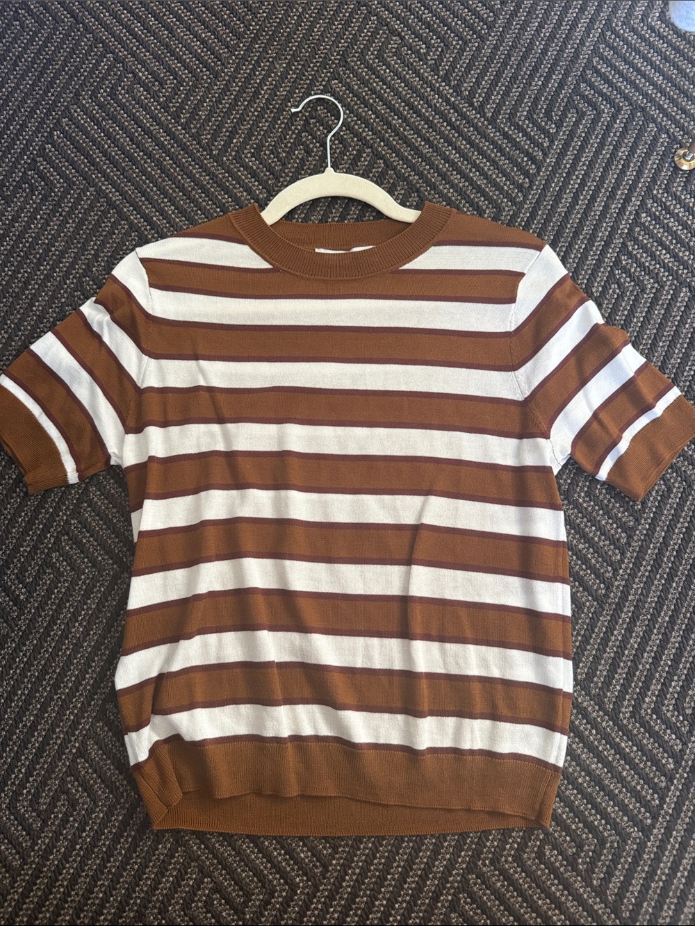 Mango Brown and White Striped Short Sleeve Knit Top